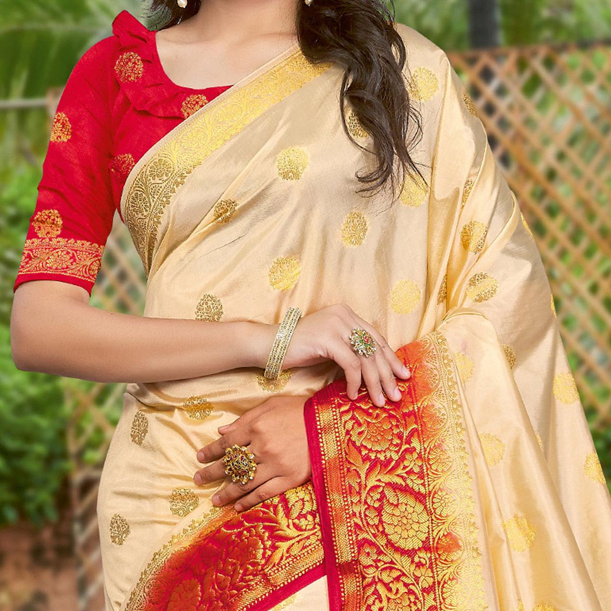 Beige Festive Wear Embroidered Silk Saree - Peachmode