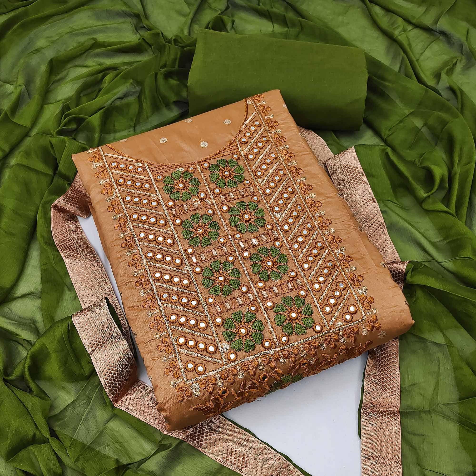 Beige Festive Wear Embroidered With Embellished Chanderi Dress Material - Peachmode