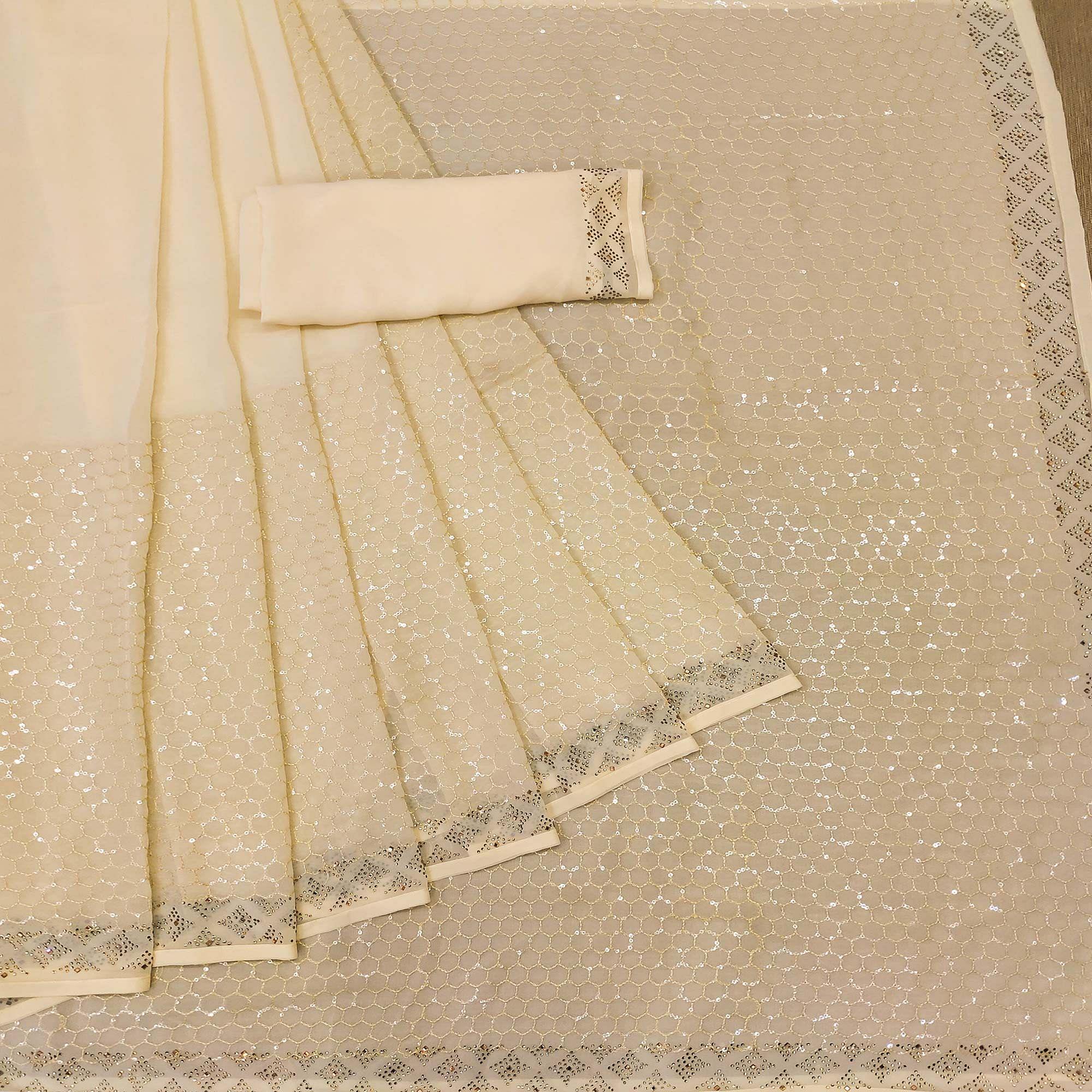 Beige Festive Wear Embroidery With Embellished Georgette Saree - Peachmode