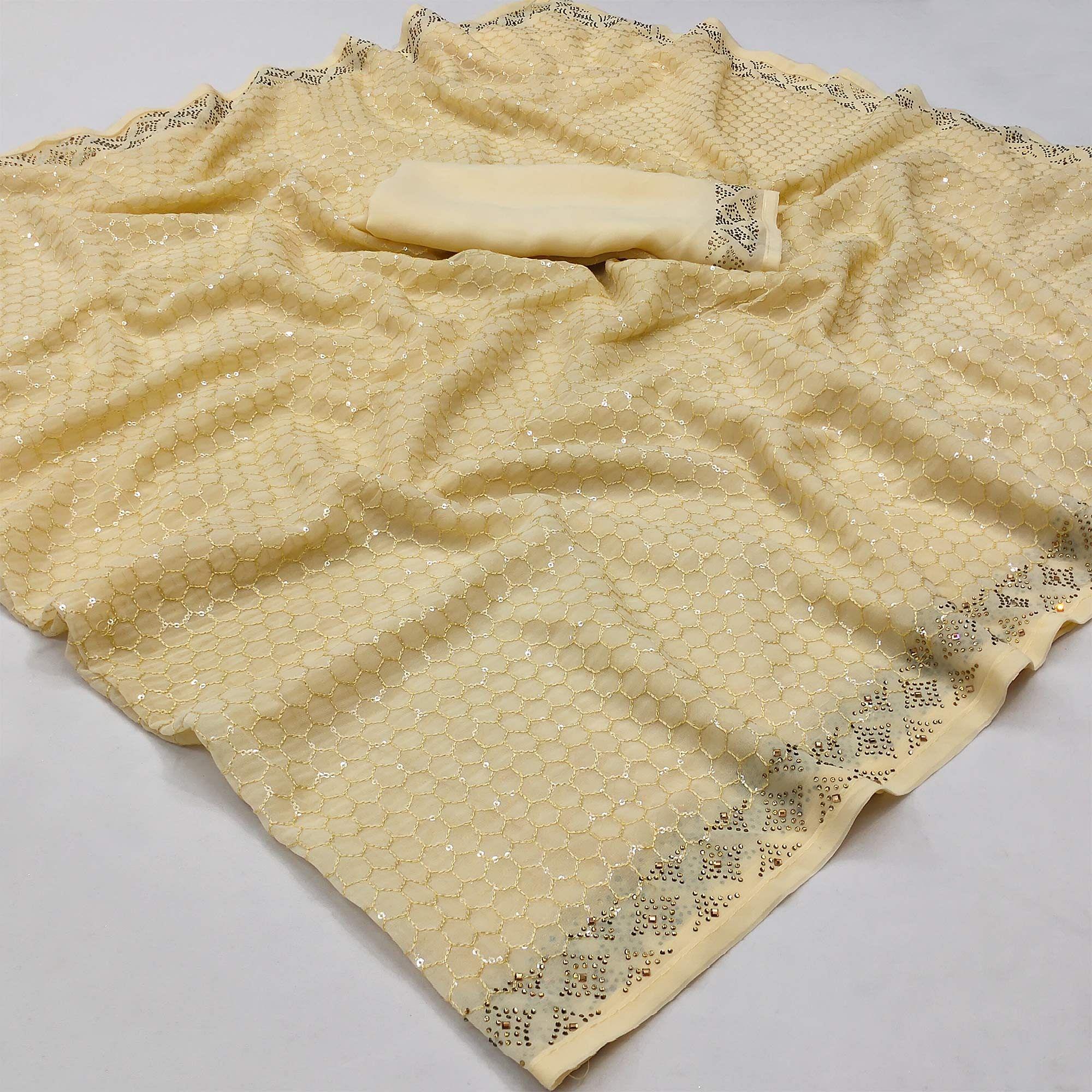 Beige Festive Wear Embroidery With Embellished Georgette Saree - Peachmode