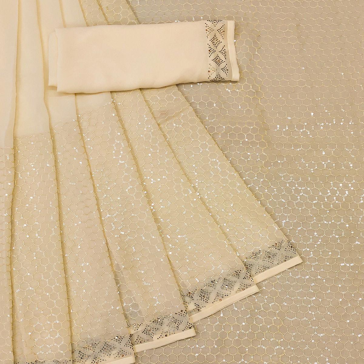 Beige Festive Wear Embroidery With Embellished Georgette Saree - Peachmode