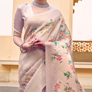 Beige Festive Wear Floral Digital Printed Jacquard Saree - Peachmode