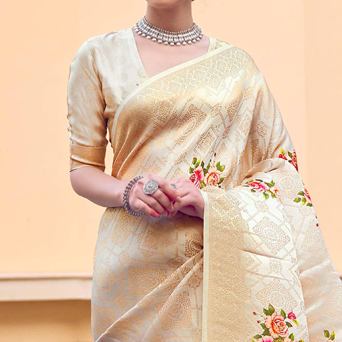 Beige Festive Wear Floral Digital Printed Jacquard Saree - Peachmode