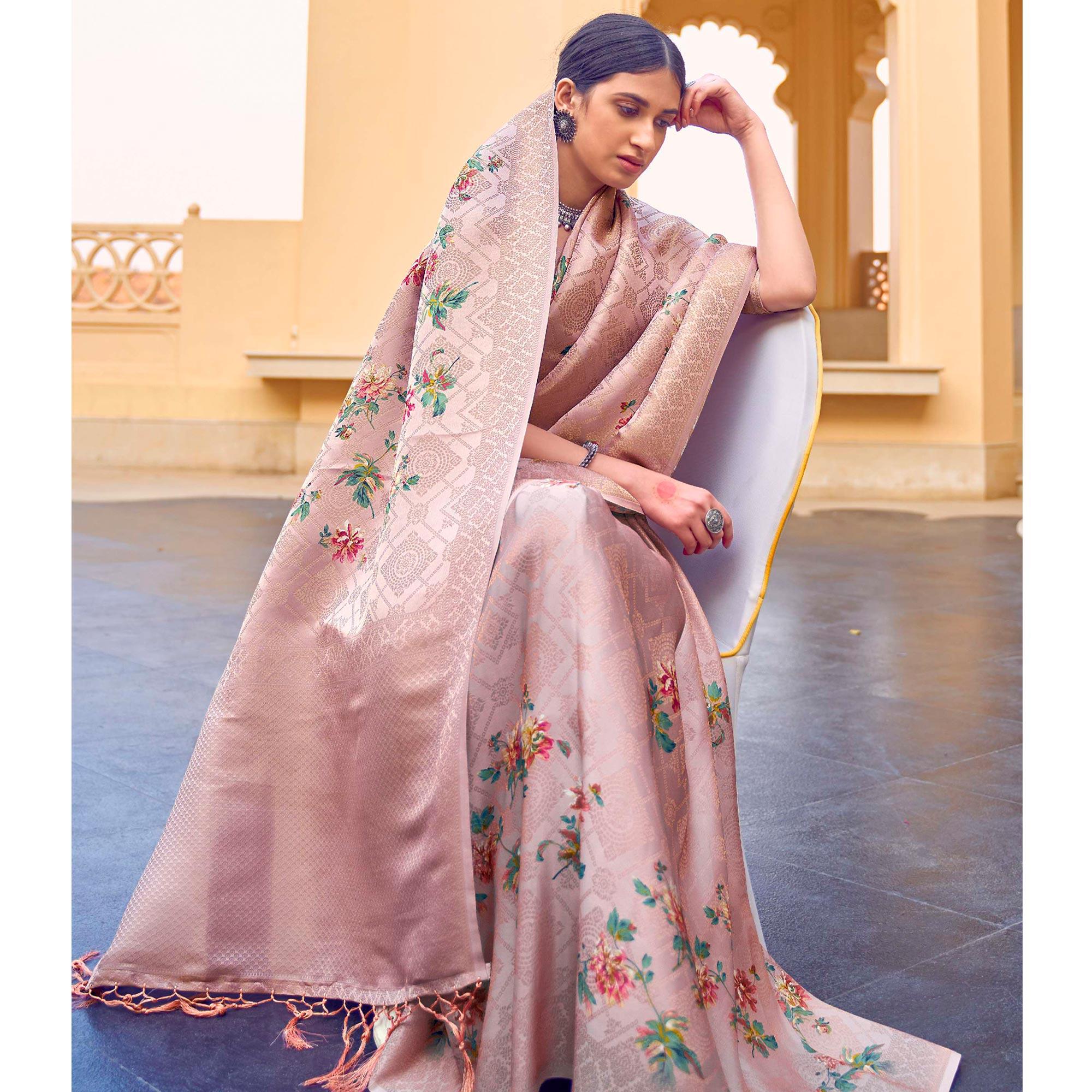 Beige Festive Wear Floral Digital Printed Jacquard Saree - Peachmode