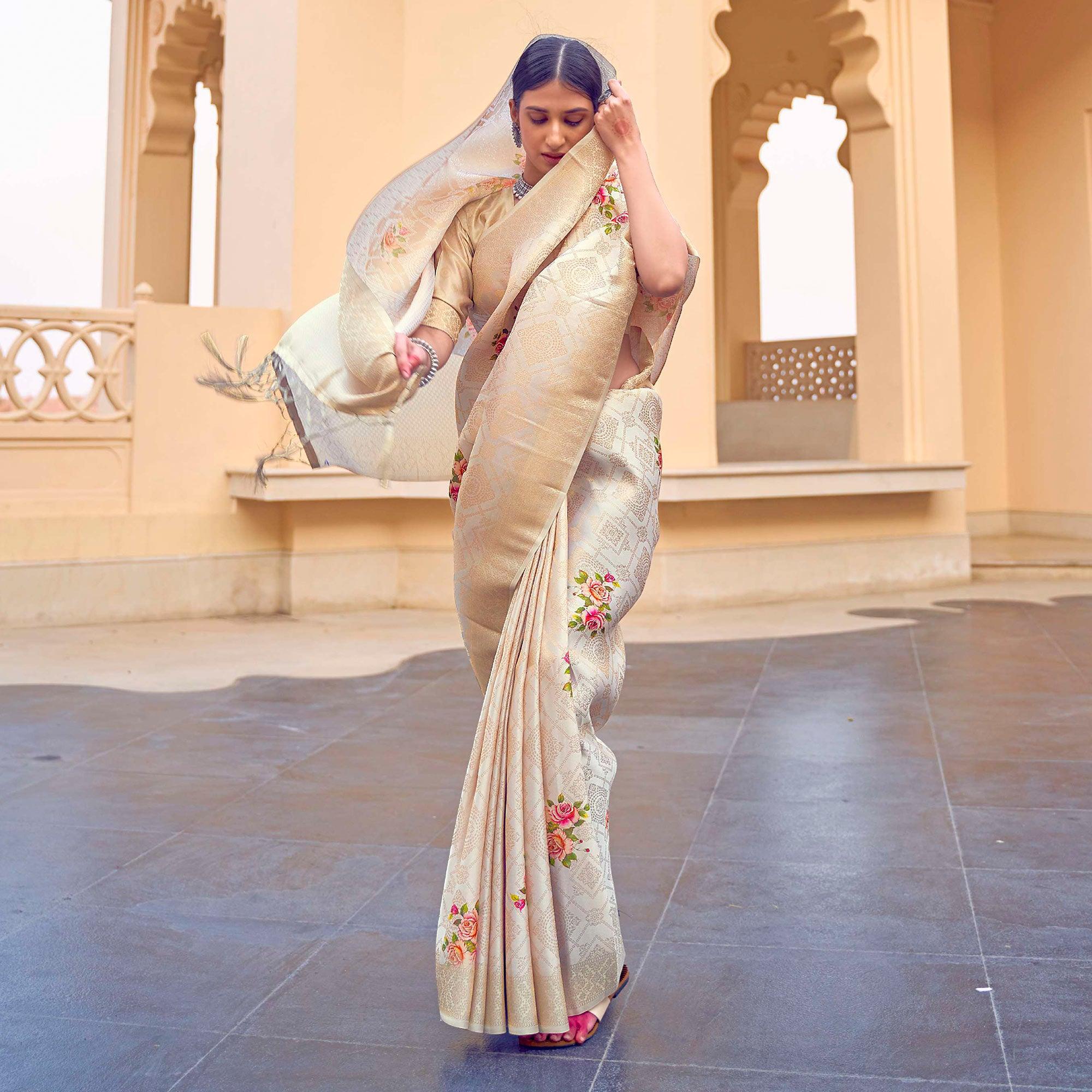 Beige Festive Wear Floral Digital Printed Jacquard Saree - Peachmode