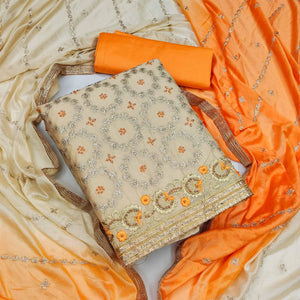 Beige Festive Wear Floral Embroidered Chanderi Dress Material - Peachmode