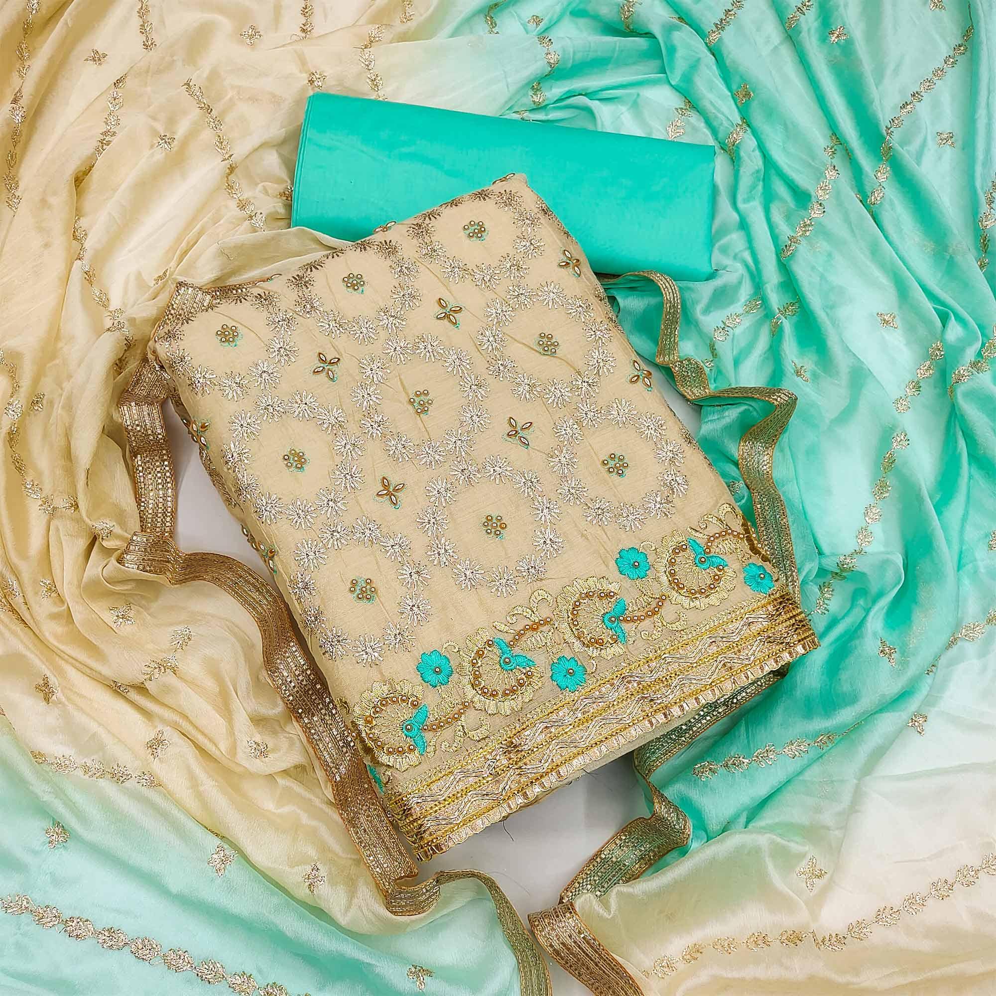 Beige Festive Wear Floral Embroidered Chanderi Dress Material - Peachmode