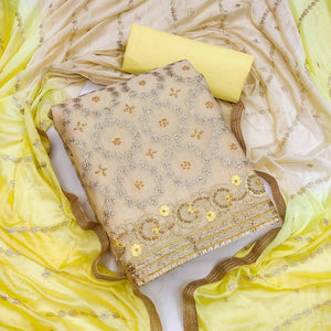 Beige Festive Wear Floral Embroidered Chanderi Dress Material - Peachmode