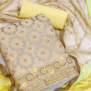 Beige Festive Wear Floral Embroidered Chanderi Dress Material - Peachmode