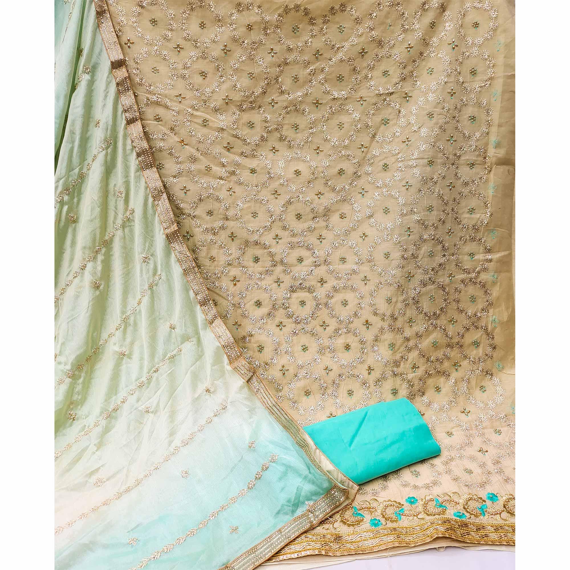 Beige Festive Wear Floral Embroidered Chanderi Dress Material - Peachmode