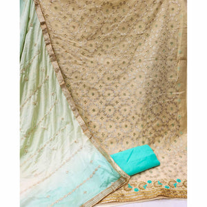 Beige Festive Wear Floral Embroidered Chanderi Dress Material - Peachmode