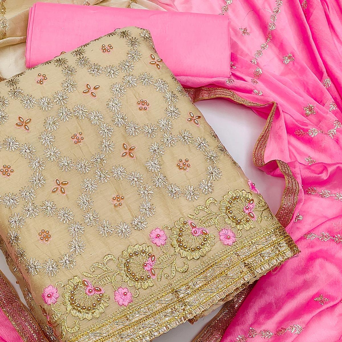 Beige Festive Wear Floral Embroidered Chanderi Dress Material - Peachmode