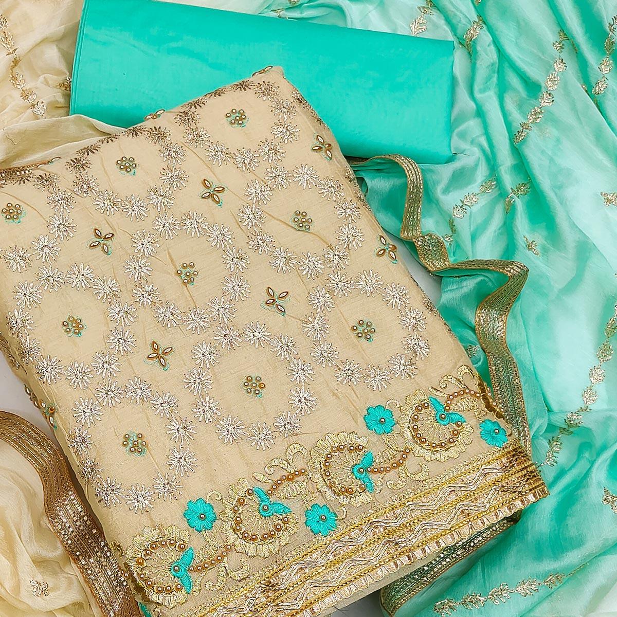 Beige Festive Wear Floral Embroidered Chanderi Dress Material - Peachmode