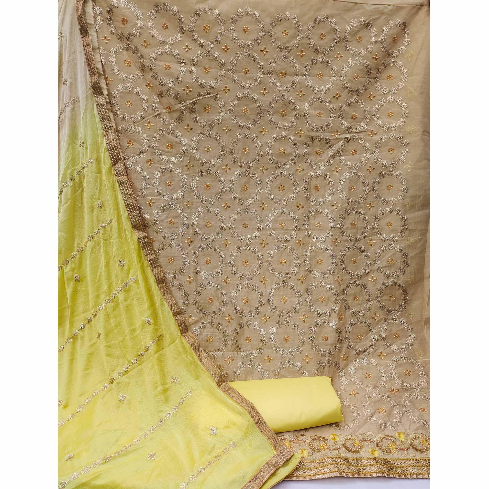 Beige Festive Wear Floral Embroidered Chanderi Dress Material - Peachmode