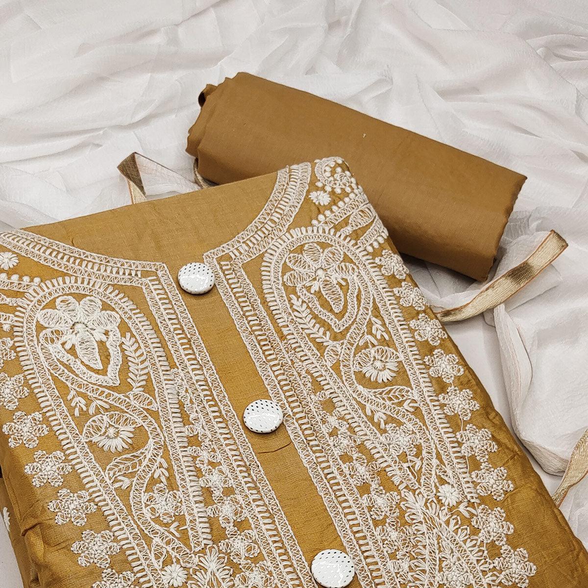 Beige Festive Wear Floral Embroidered Cotton Dress Material - Peachmode