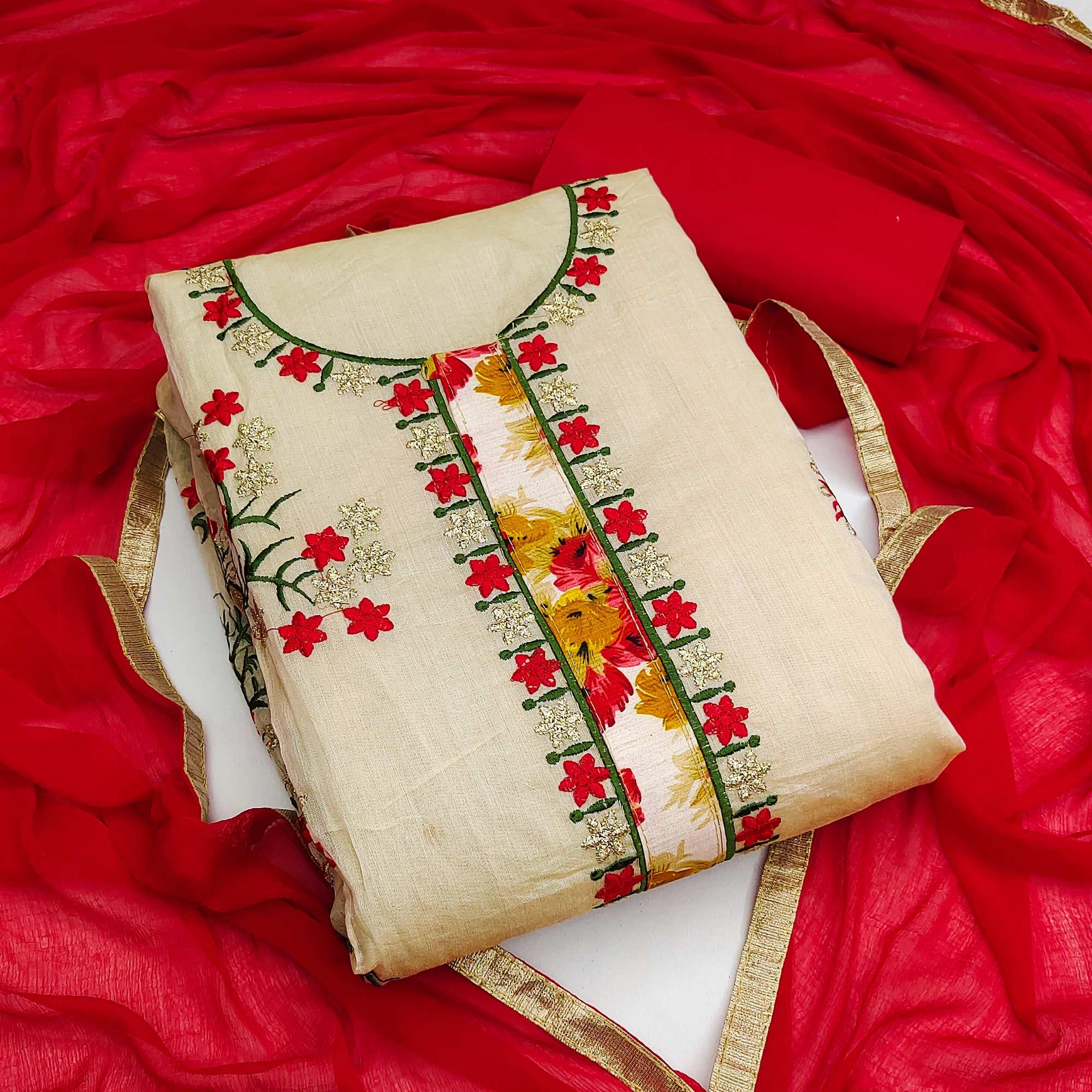 Beige Festive Wear Floral Embroidered Modal Dress Material - Peachmode