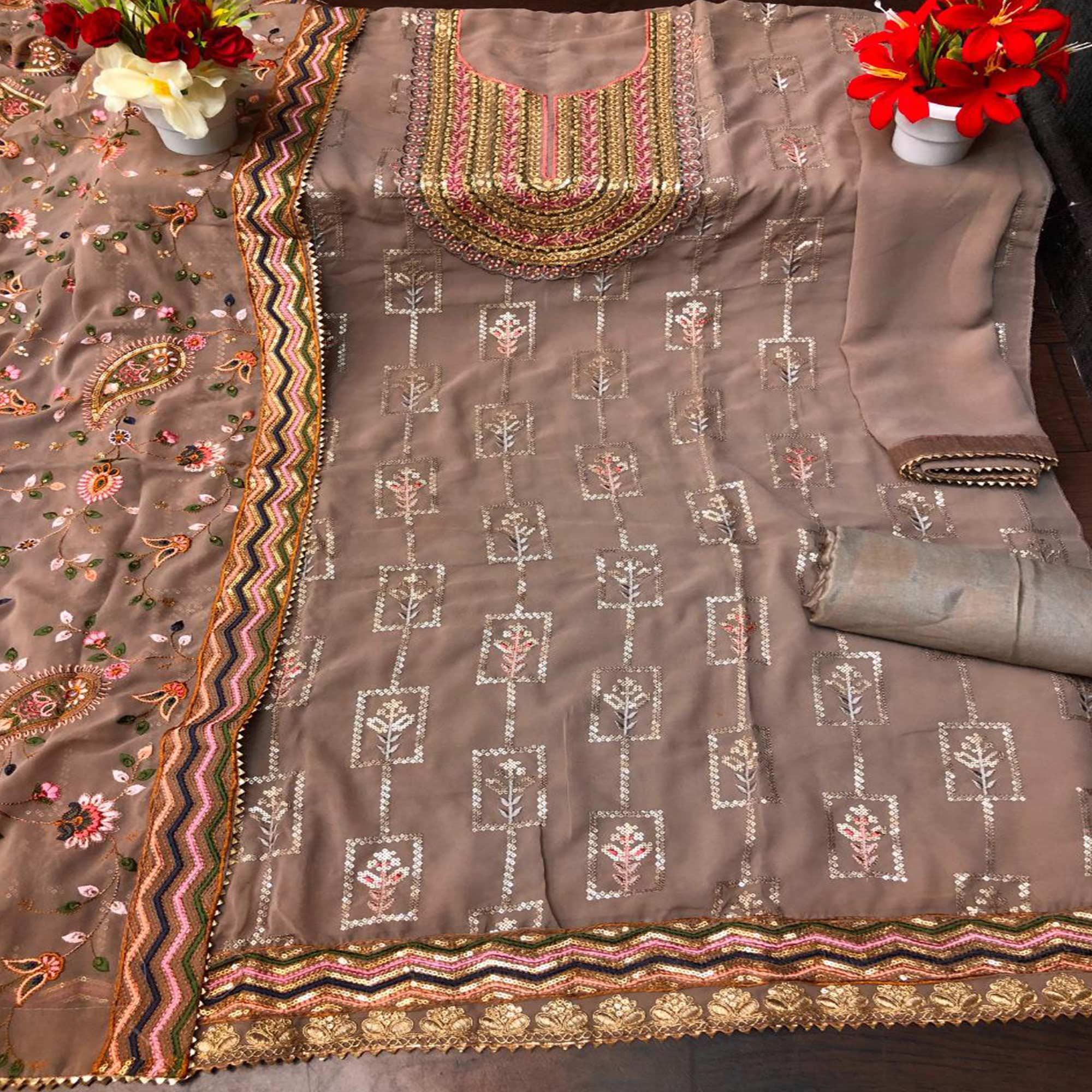 Beige Festive Wear Floral Embroidred Straight Faux Georgette Palazzo Suit - Peachmode