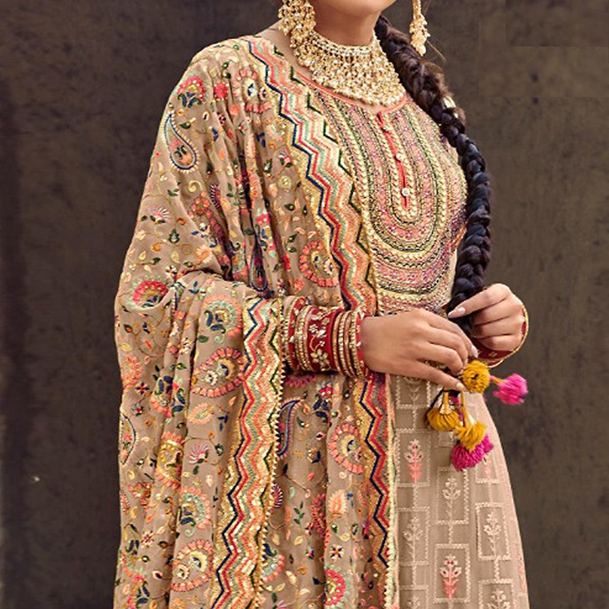 Beige Festive Wear Floral Embroidred Straight Faux Georgette Palazzo Suit - Peachmode