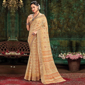 Beige Festive Wear Printed Cotton Saree - Peachmode