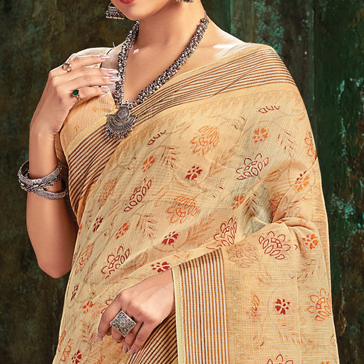Beige Festive Wear Printed Cotton Saree - Peachmode