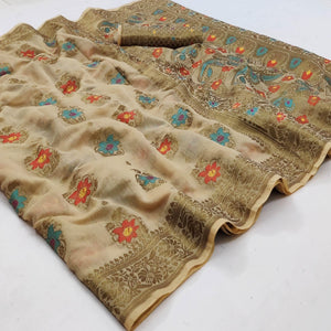 Beige Festive Wear Printed Cotton Saree - Peachmode