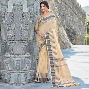Beige Festive Wear Printed Linen Saree - Peachmode