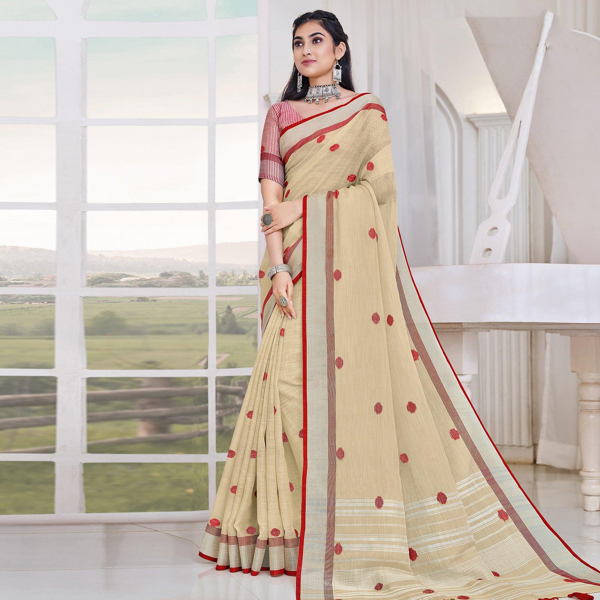 Beige Festive Wear Printed Linen Saree - Peachmode