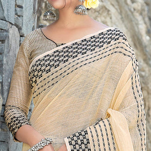 Beige Festive Wear Printed Linen Saree - Peachmode