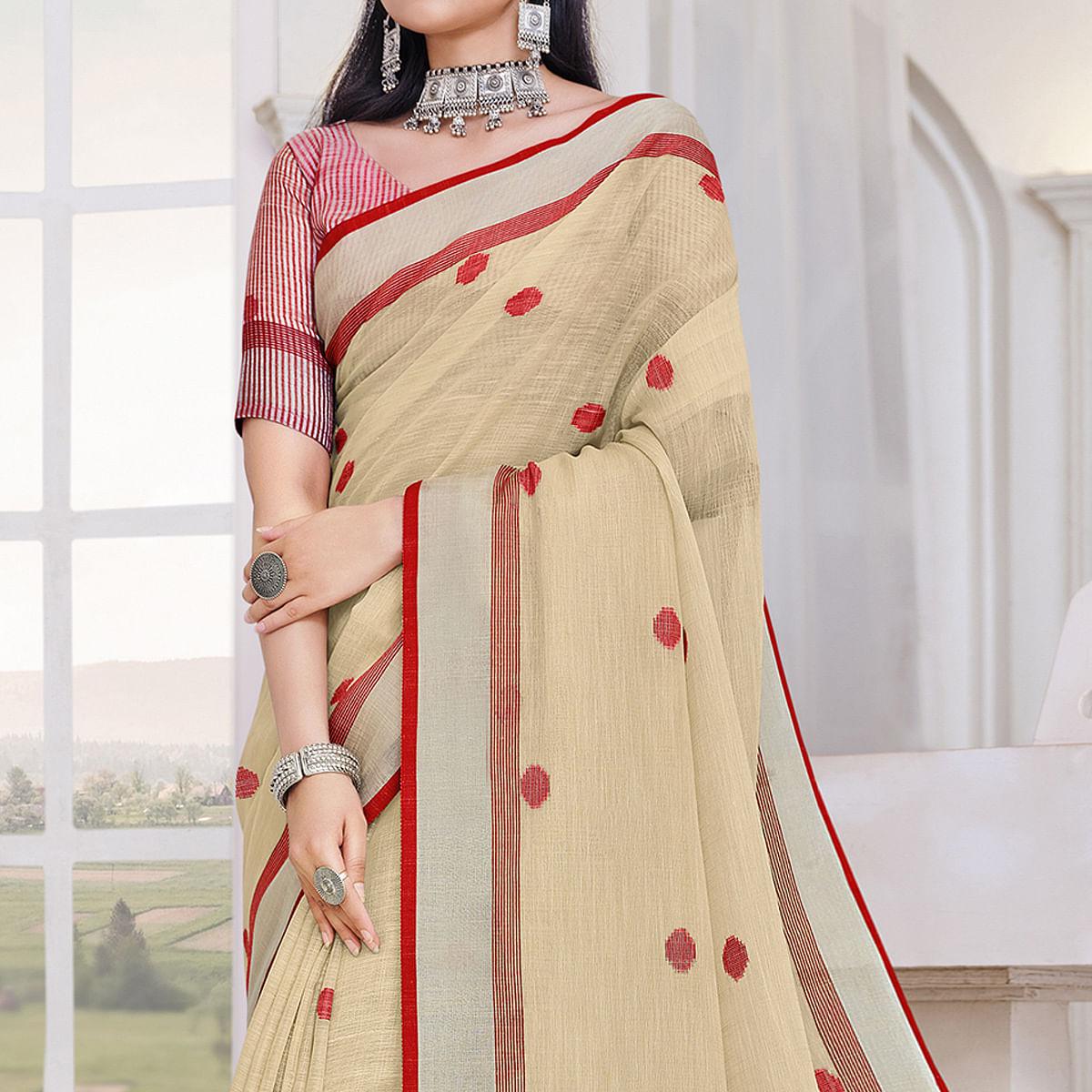 Beige Festive Wear Printed Linen Saree - Peachmode