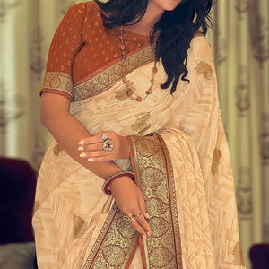 Beige Festive Wear Printed Silk Saree With Big Border - Peachmode