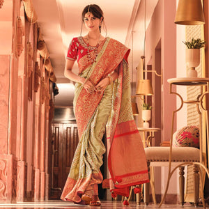 Beige Festive Wear Printed Woven Silk Saree - Peachmode