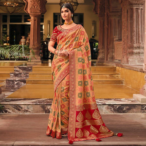Beige Festive Wear Printed Woven Silk Saree - Peachmode