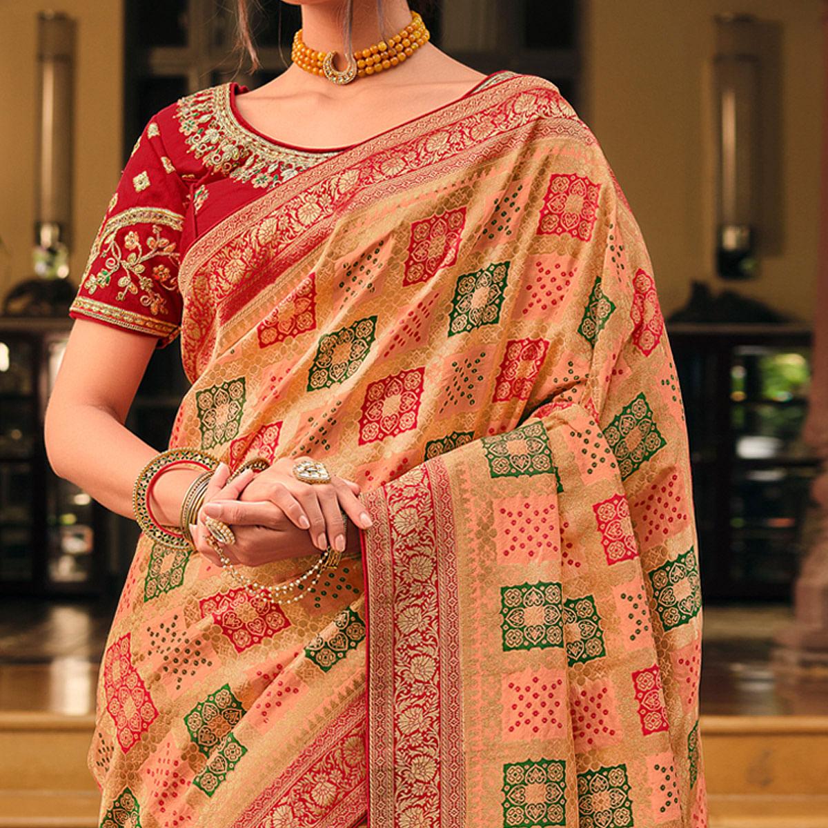 Beige Festive Wear Printed Woven Silk Saree - Peachmode