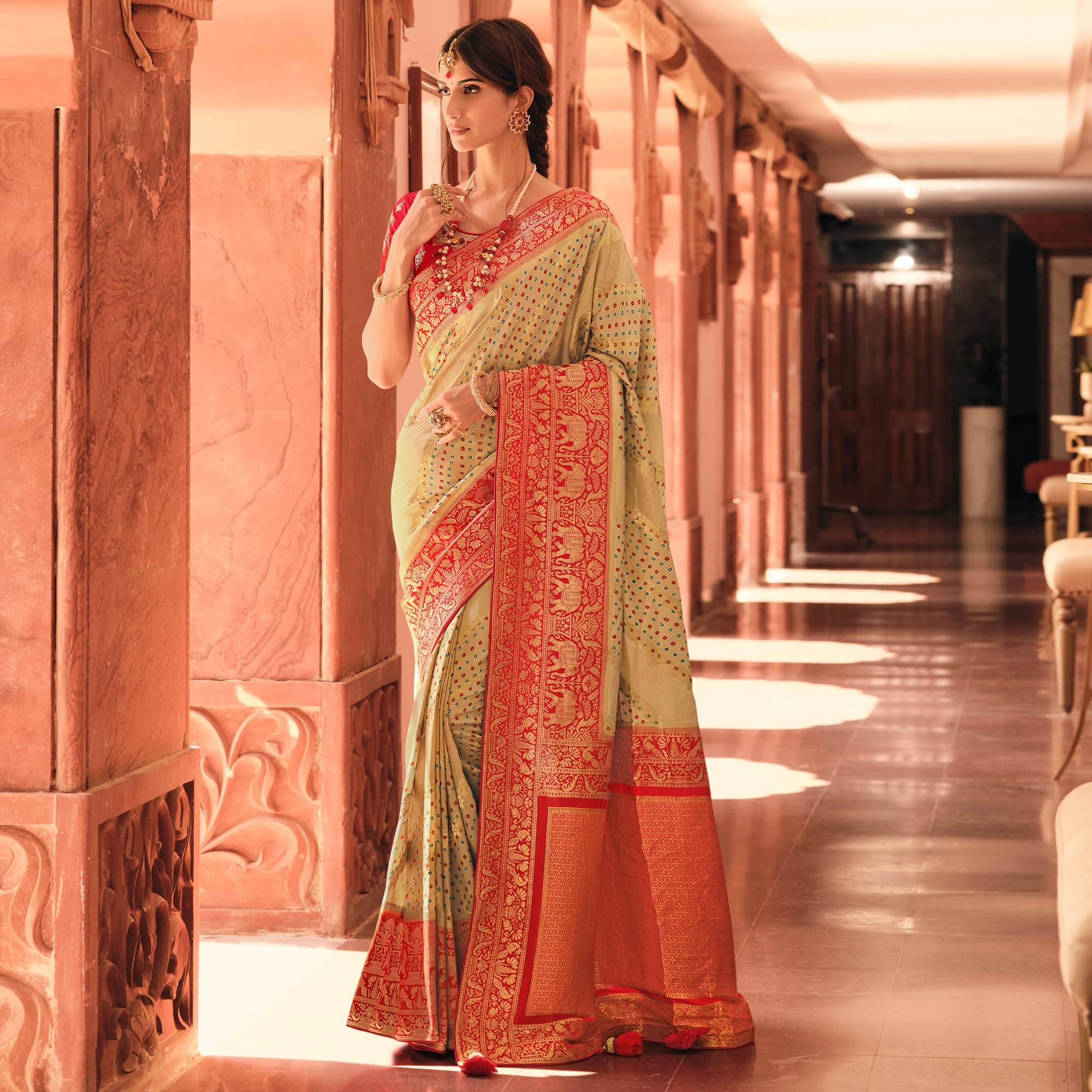 Beige Festive Wear Printed Woven Silk Saree - Peachmode