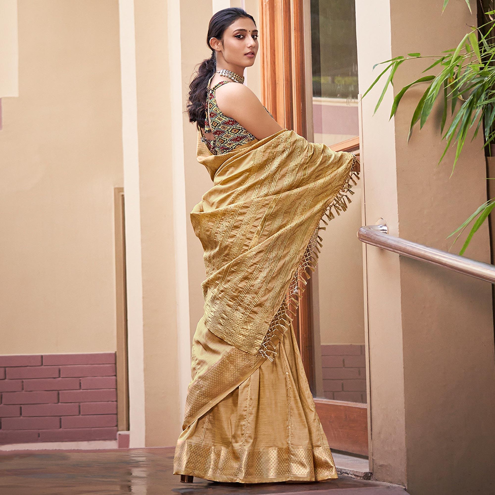 Beige Festive Wear Sequence Digital Work Silk Saree - Peachmode