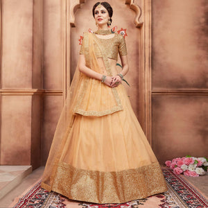 Beige Festive Wear Sequence Dori Work Soft Net Lehenga Choli - Peachmode