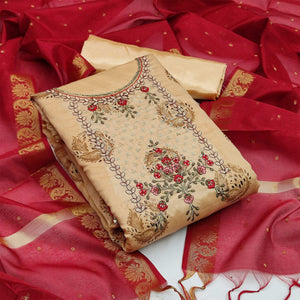 Beige Festive Wear Sequence Embroidered Art Silk Dress Material - Peachmode