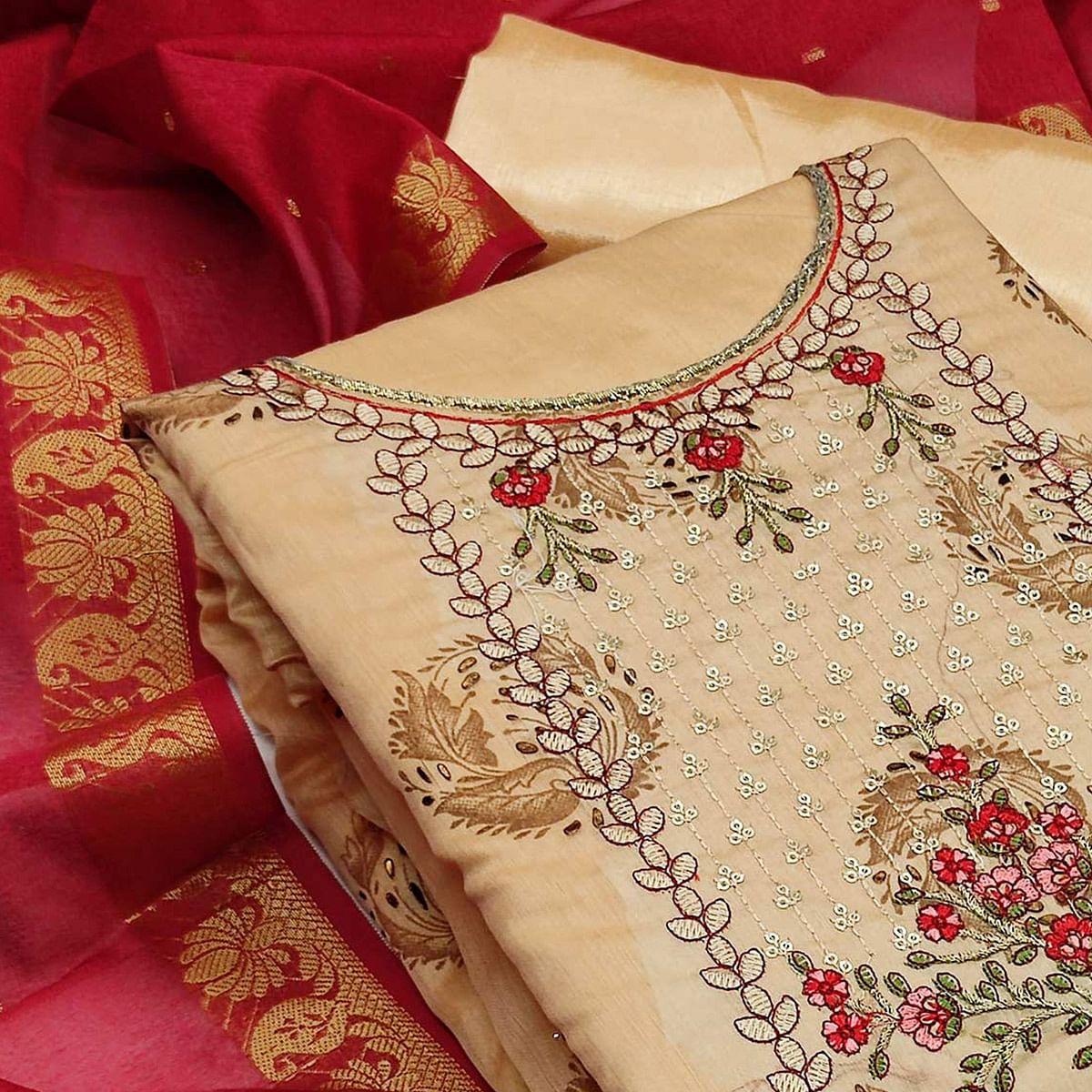 Beige Festive Wear Sequence Embroidered Art Silk Dress Material - Peachmode