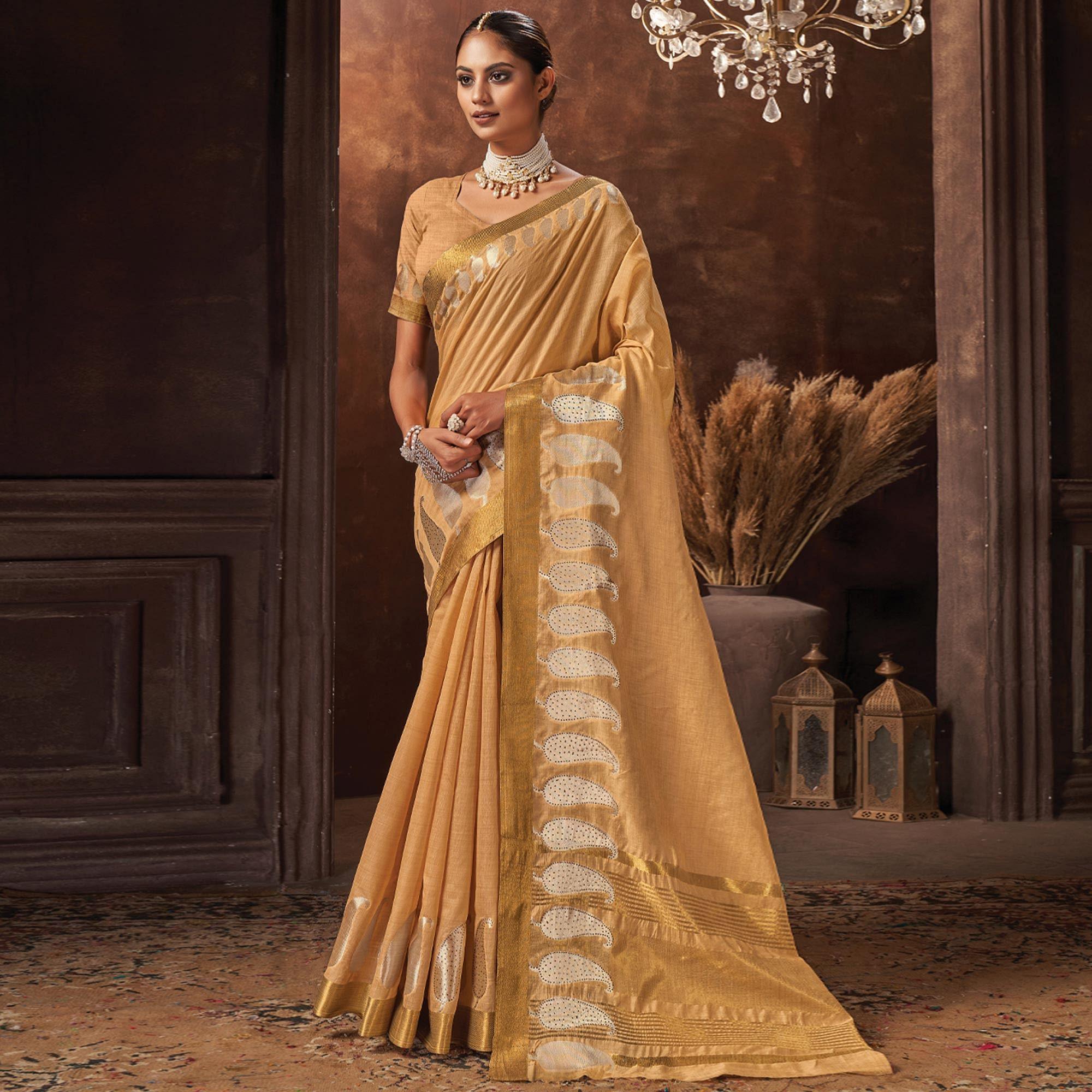 Beige Festive Wear Solid Cotton Saree - Peachmode