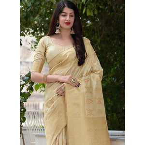 Beige Festive Wear Woven Banarasi Art Silk Saree - Peachmode