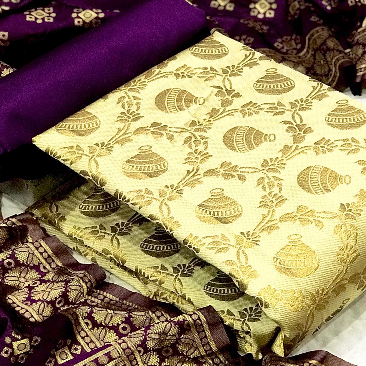 Beige Festive Wear Woven Banarasi Silk Dress Material - Peachmode