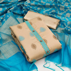 Beige Festive Wear Woven Banarasi Silk Jacquard Dress Material - Peachmode