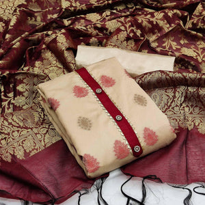 Beige Festive Wear Woven Banarasi Silk Jacquard Dress Material - Peachmode