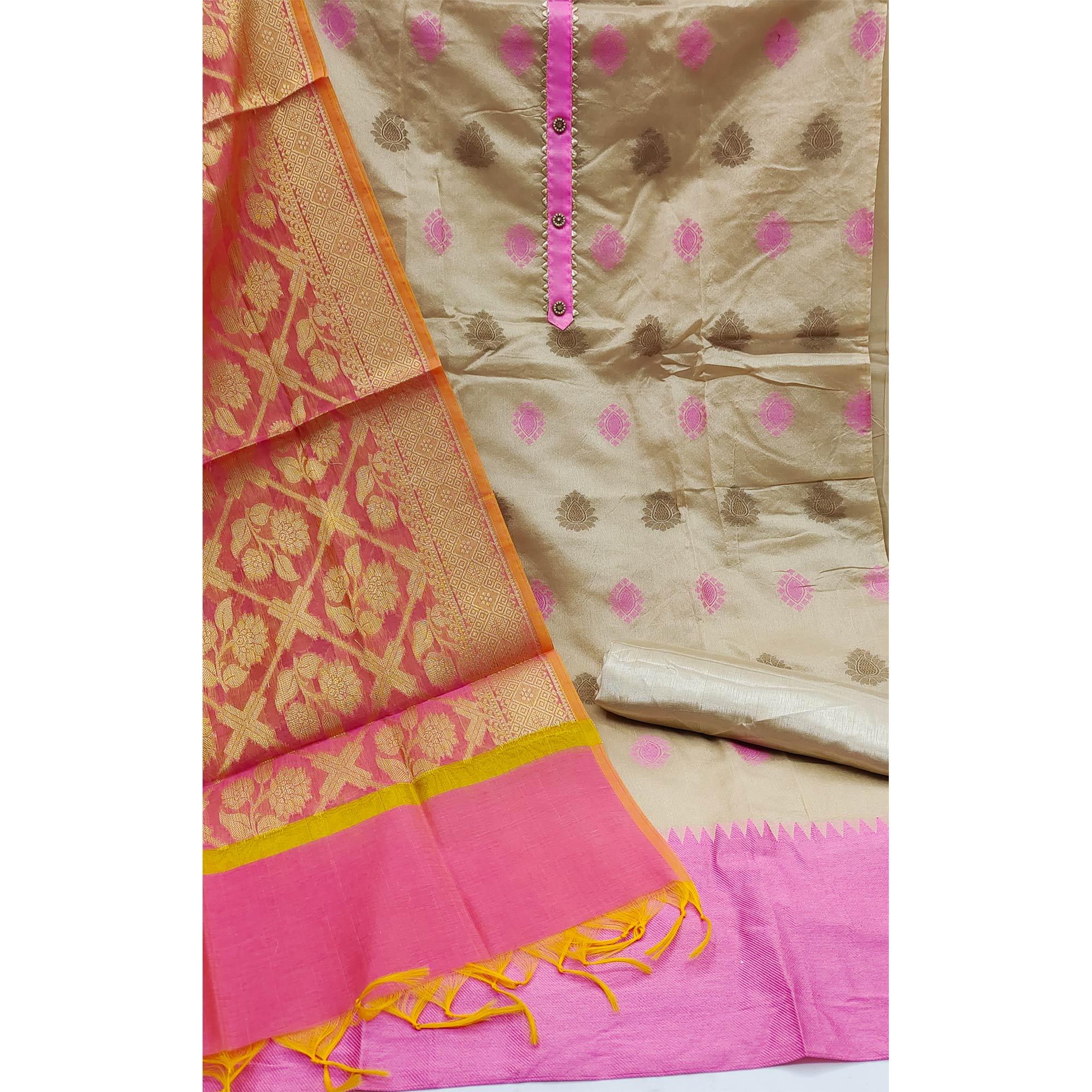 Beige Festive Wear Woven Banarasi Silk Jacquard Dress Material - Peachmode