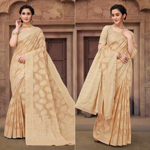 Beige Festive Wear Woven Cotton Saree - Peachmode