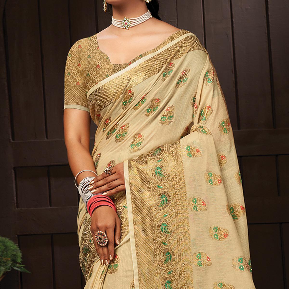 Beige Festive Wear Woven Cotton Saree - Peachmode