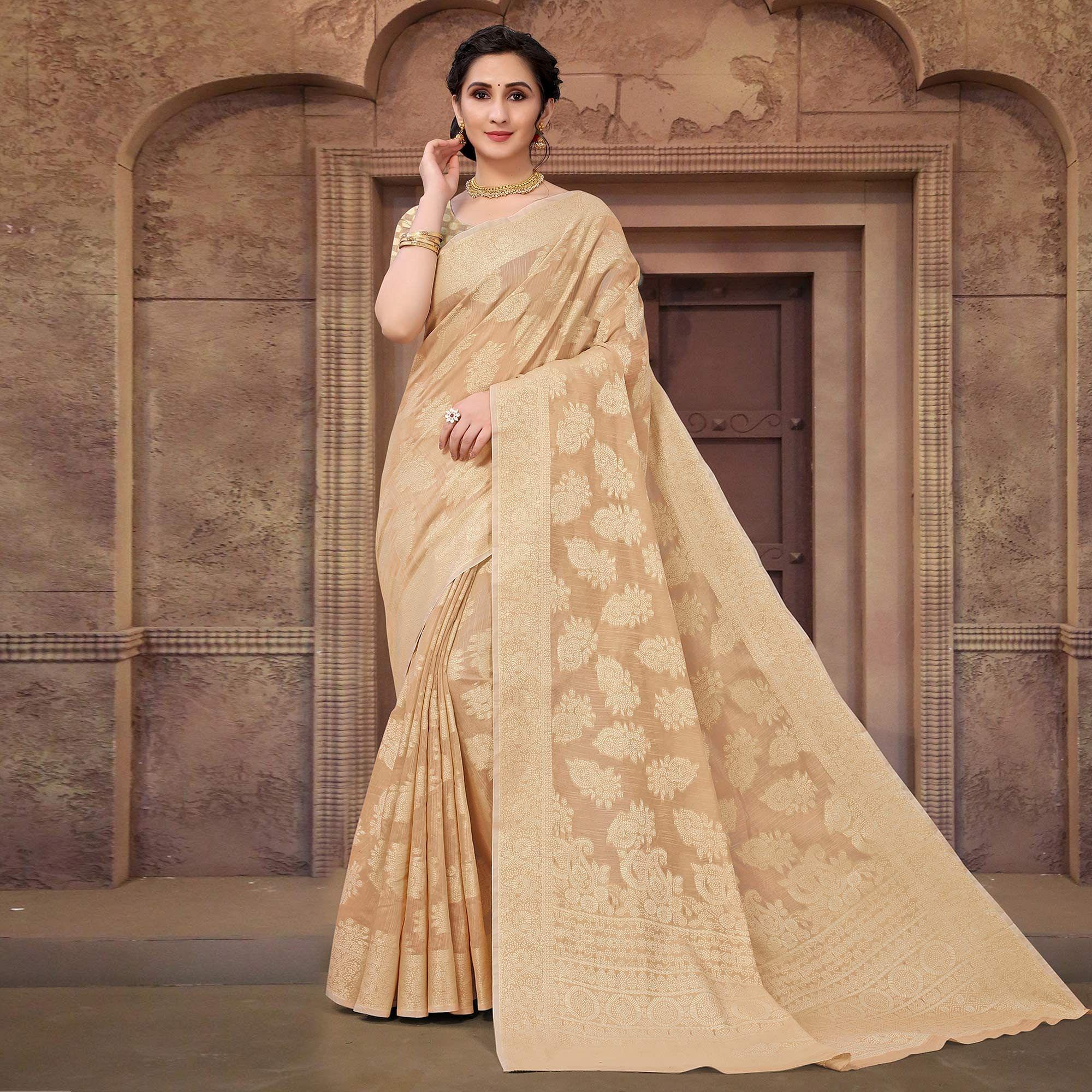 Beige Festive Wear Woven Cotton Saree - Peachmode