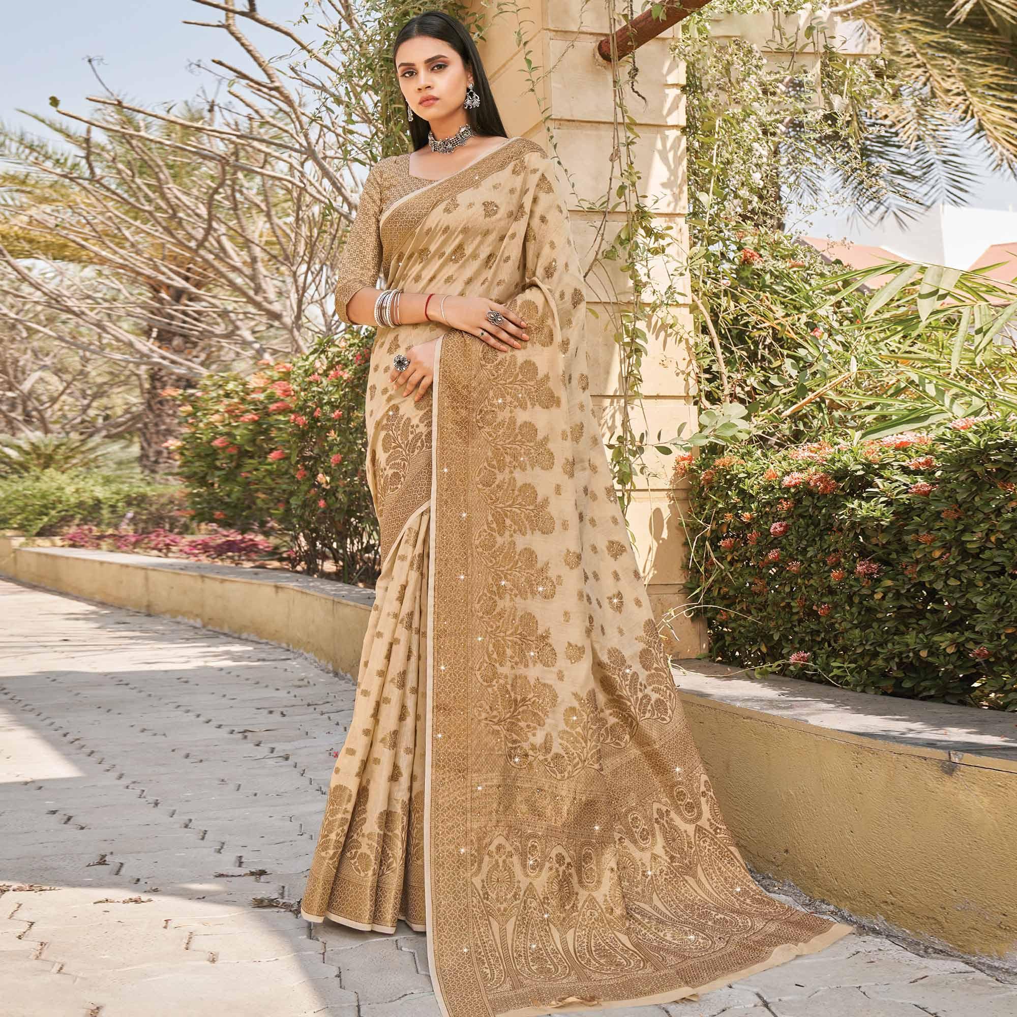 Beige Festive Wear Woven-Embellished Cotton Saree - Peachmode