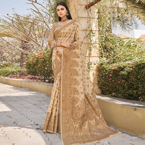 Beige Festive Wear Woven-Embellished Cotton Saree - Peachmode