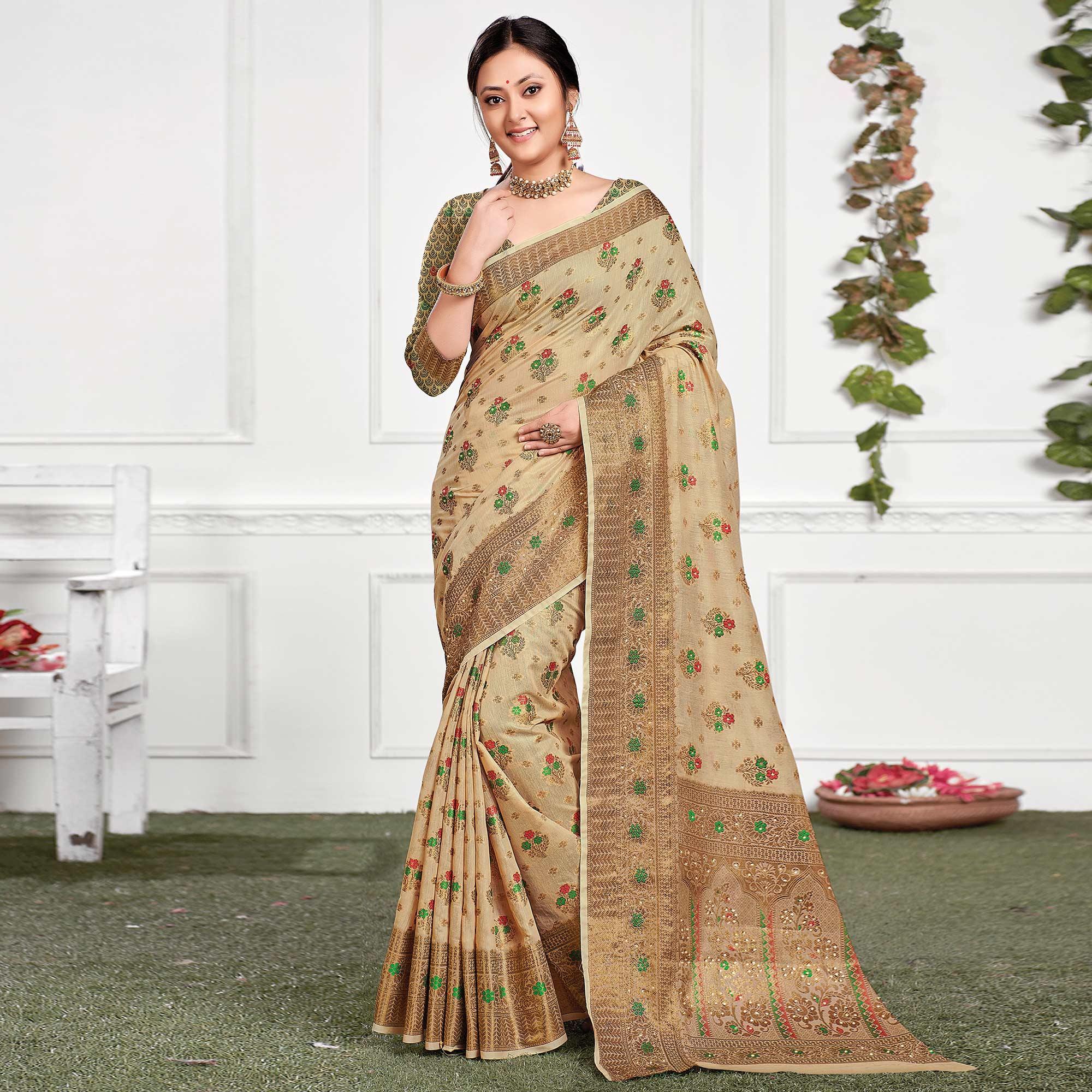 Beige Festive Wear Woven-Embellished Cotton Saree - Peachmode